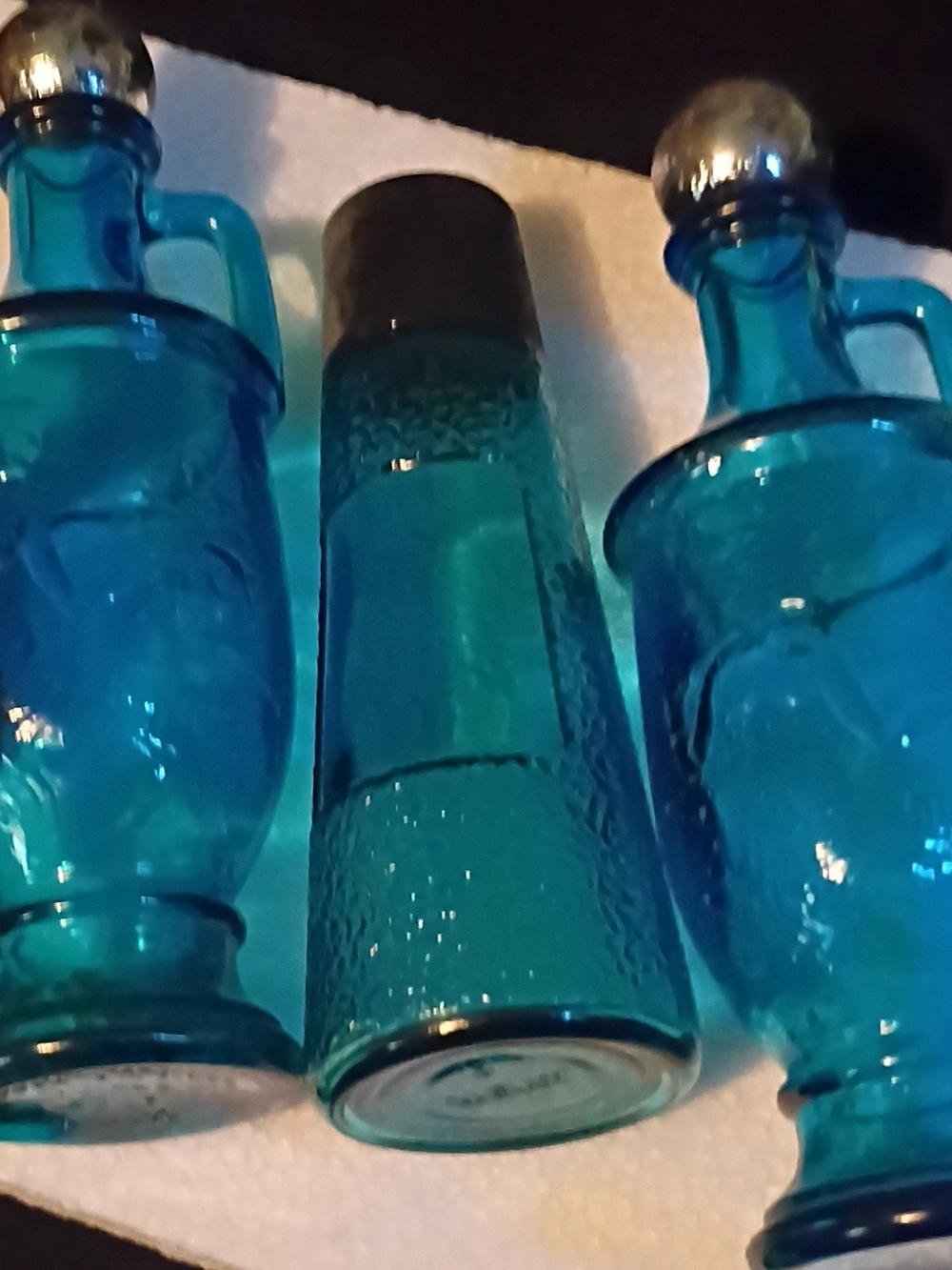 Blue Glass Cruet and Decorative Bottle Set